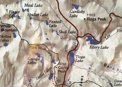 Trail map of Dana Meadows area on the eastern side of Yosemite